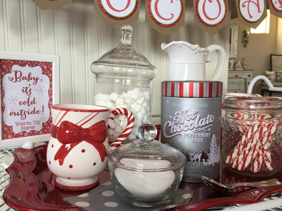 my hot cocoa bar hot chocolate bar station red and white striped candy cane christmas cocoa DIY hot cocoa banner