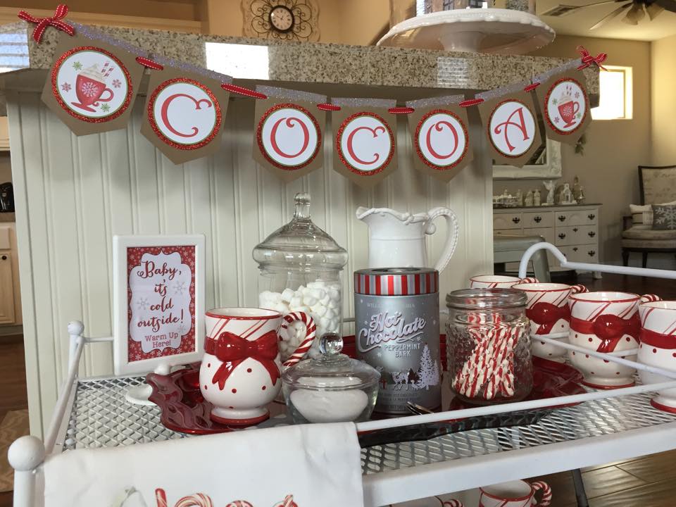 my hot cocoa bar hot chocolate bar station red and white striped candy cane christmas cocoa DIY hot cocoa banner
