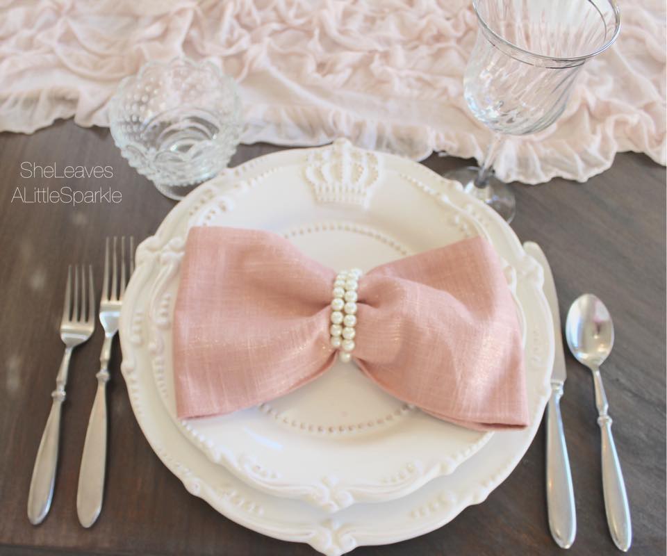 mothers day tablescape brunch blush bow tie cloth napkin audrey hepburn inspired napkins bow pearls
