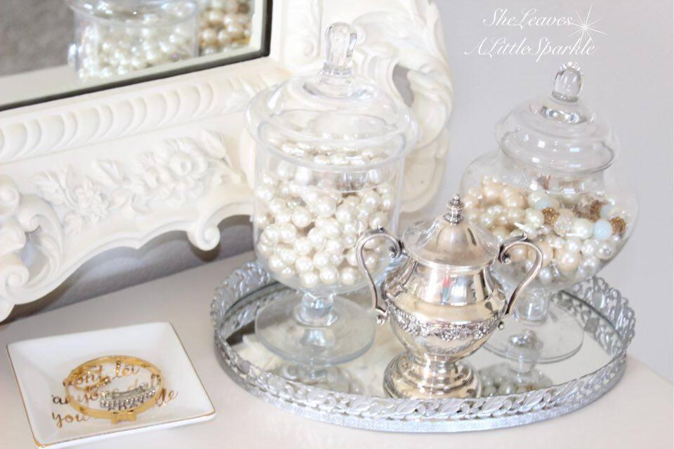 adding glam boudoir blog hop bedroom home decor she leaves a little sparkle apothecary jars with pearls vintage silver to display jewelry