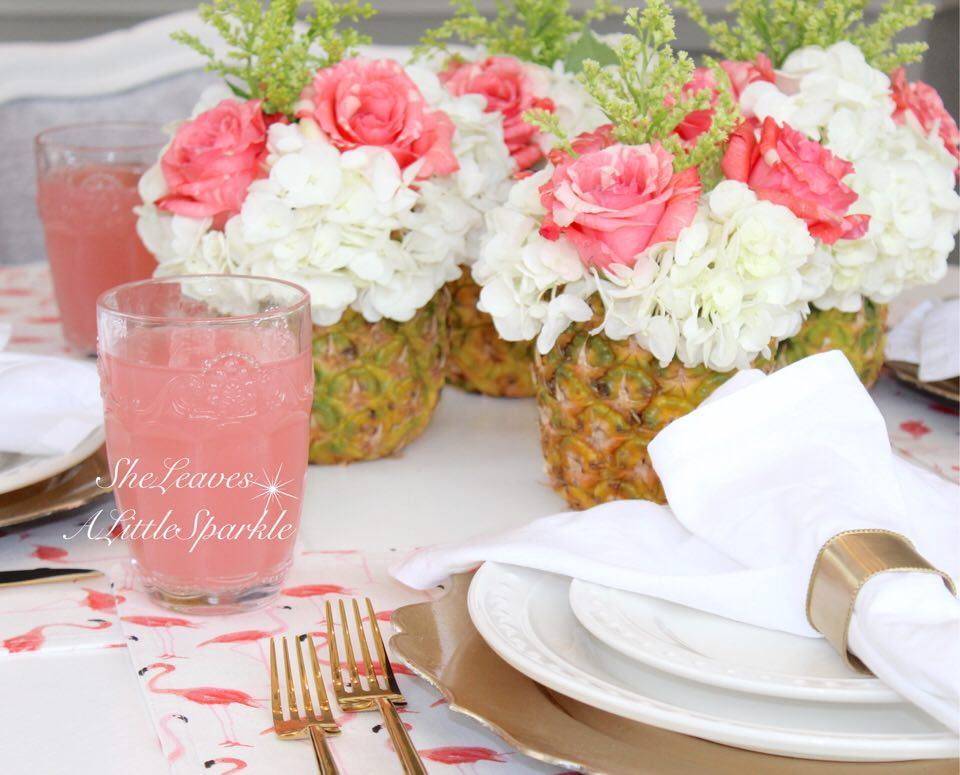 Kate spade strut your stuff flamingo placemats napkins summer tablescape pineapple floral flower arrangement