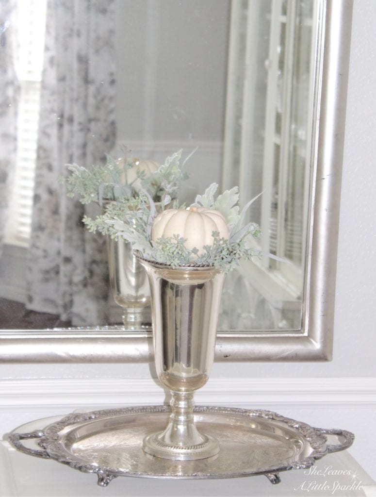 white mini pumpkins, silver trophy case, pumpkin topiary, antique silver platter tray, how to decorate with pumpkins