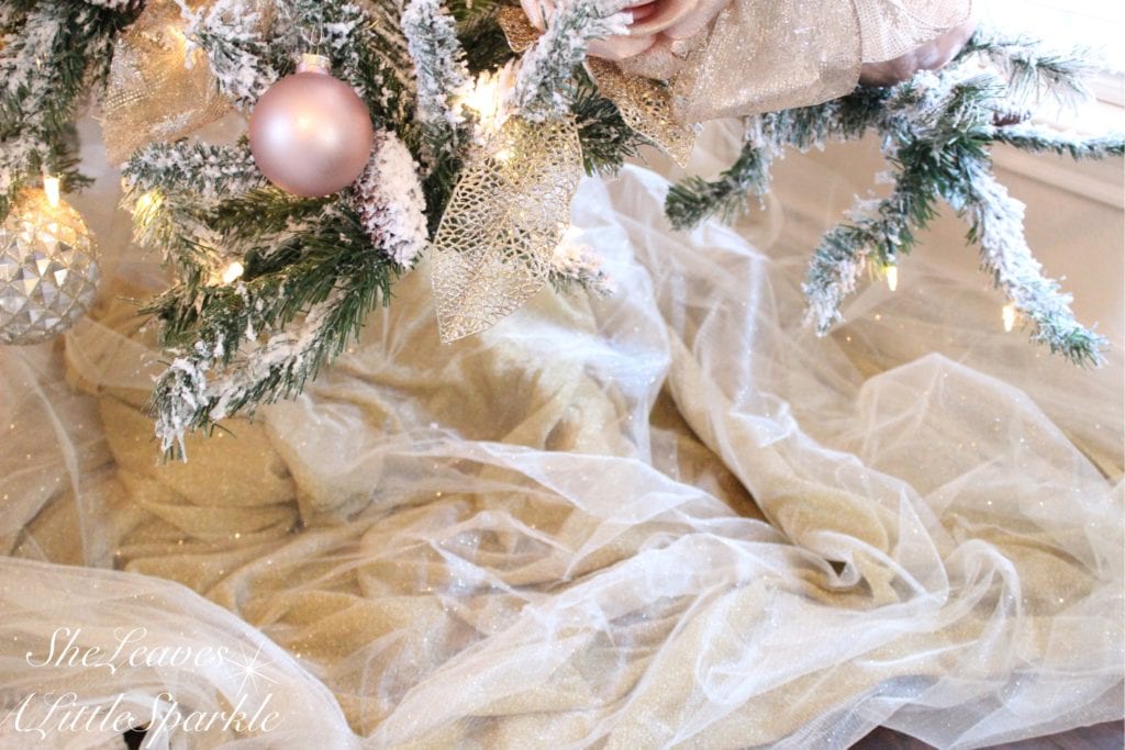 holiday living room tour bloggers home tour blush pink christmas blush gold glam christmas tulle sparkly tree skirt