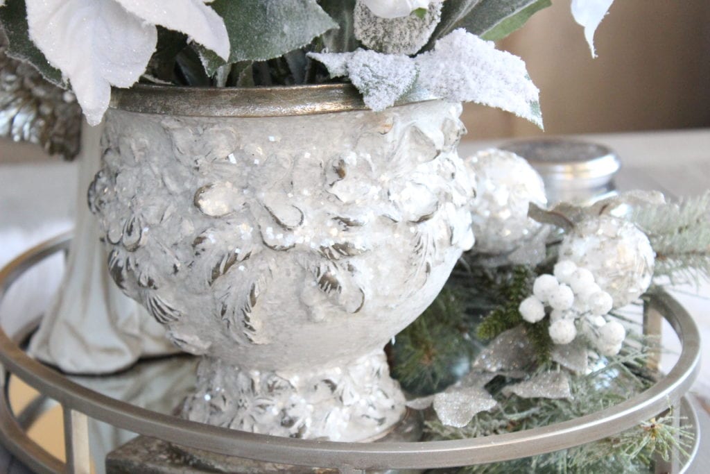  Styling a Christmas coffee table white sparkly frosted Christmas planter urn pot 