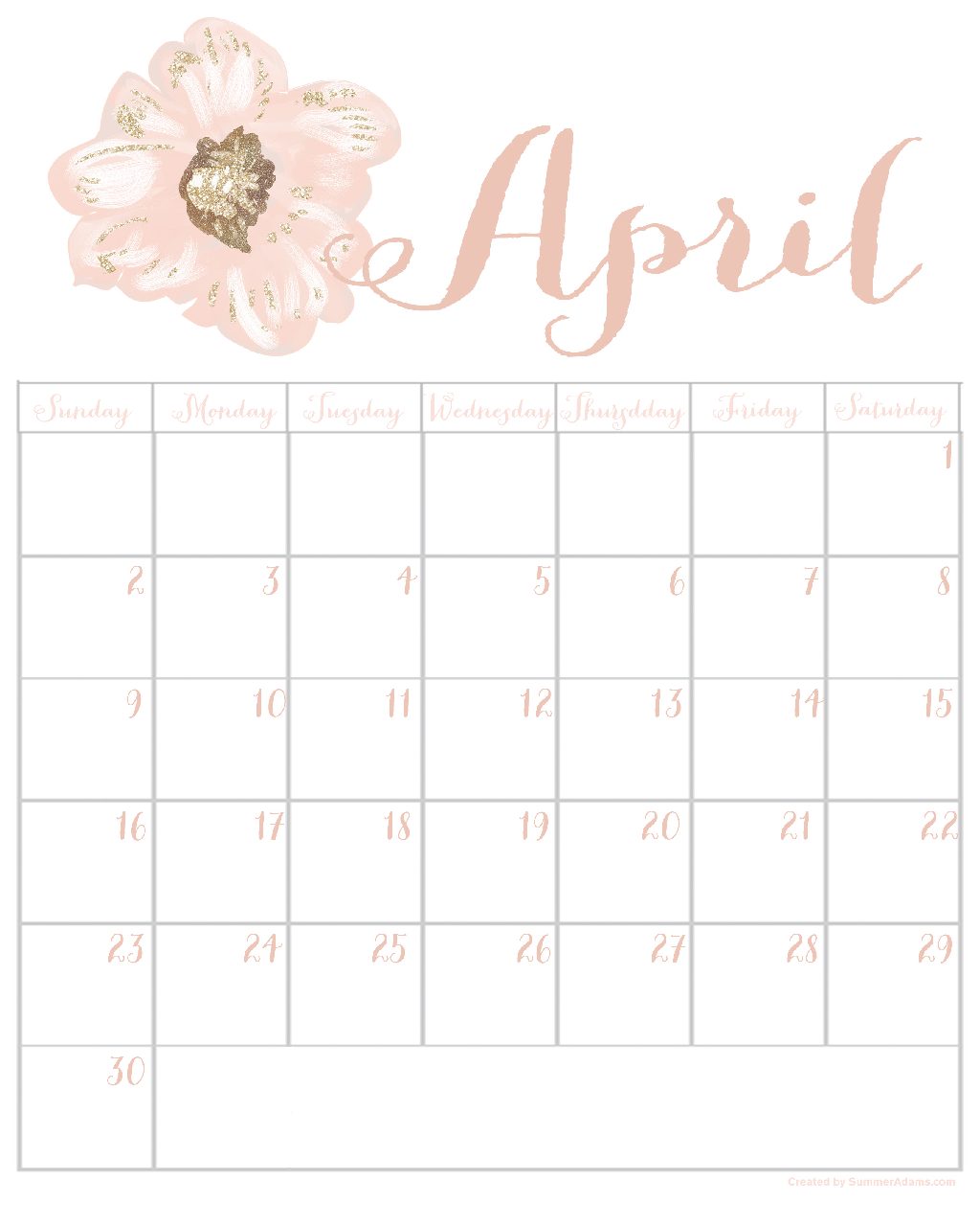 Free April 2017 Printable Calendar Peach-Blush - Summer Adams