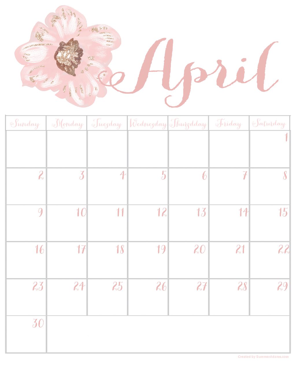 Free April 2017 Printable Calendar PinkBlush Summer Adams
