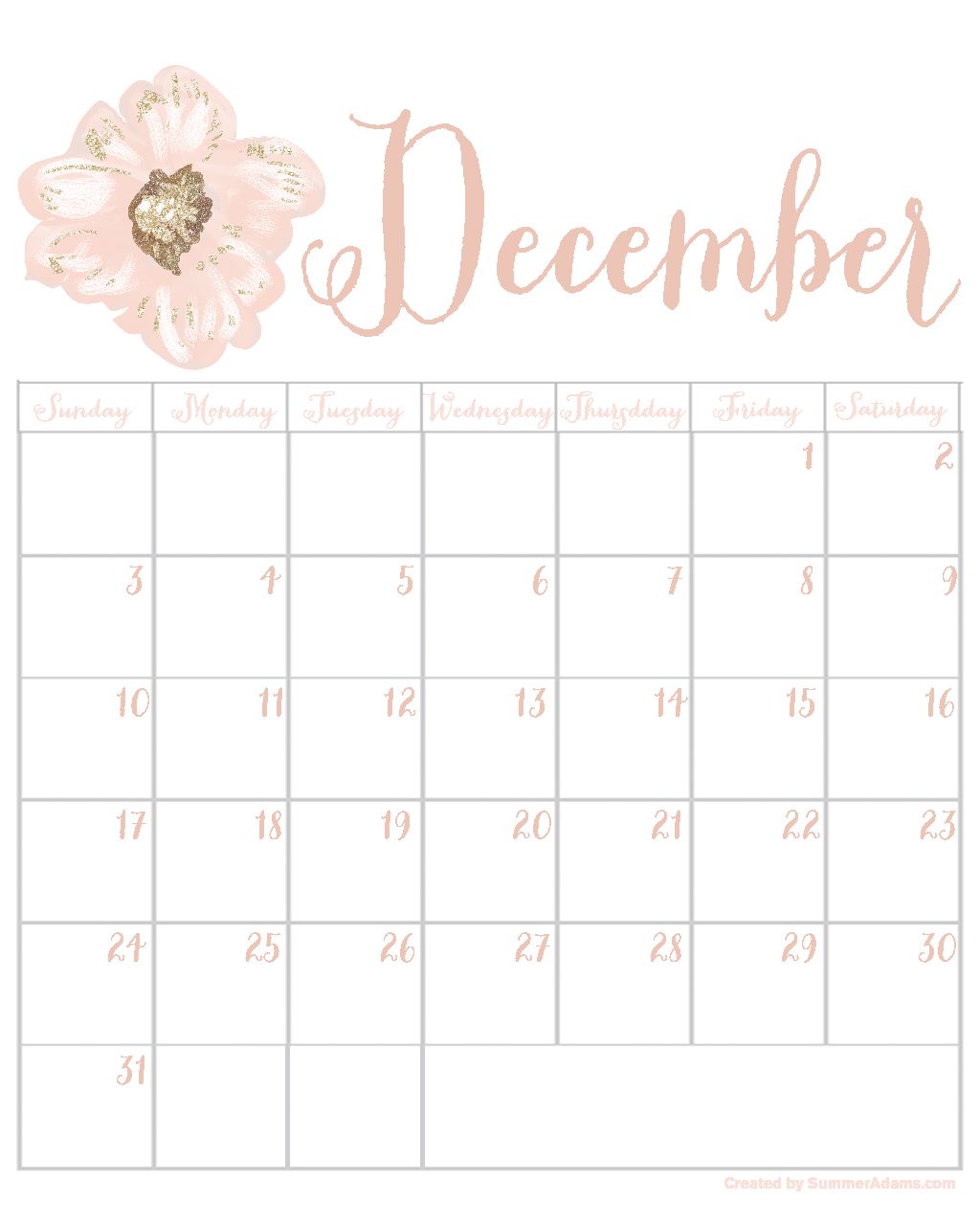 2017 Calendars - July through December DEC FLOWER - Summer Adams