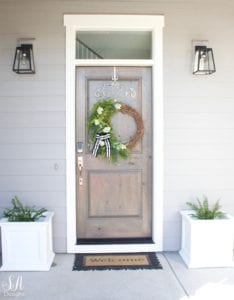 DIY faux greenery Lovely Green Asymmetrical Wreath and my front porch craftsman style home coastal home exterior pacific northwest