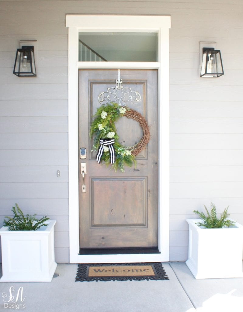 DIY faux greenery Lovely Green Asymmetrical Wreath and my front porch craftsman style home coastal home exterior pacific northwest