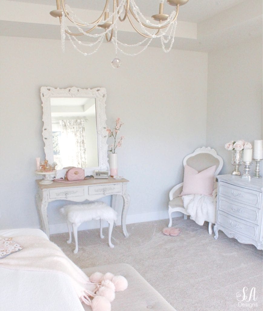 white interiors, vintage makeup vanity, shabby chic, vintage chair, french provincial dresser