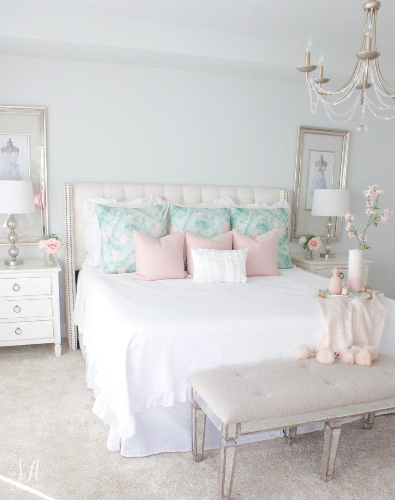 pottery barn teen euro shams blush palm print, summer master bedroom update