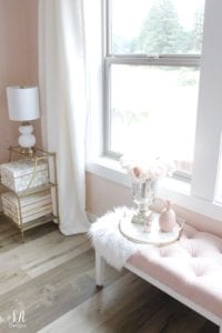 blush tufted bench, gold brass etagere end tables shelving