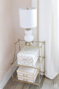 etagere shelves end table, kate spade ikat nesting boxes, gourd lamp white and gold, blush storage boxes, pleated tab ivory white curtains