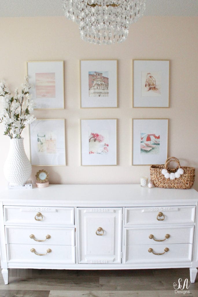 blush pink glam style office fashion travel design gallery wall frames