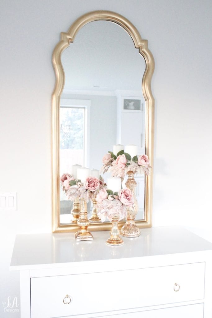 pink fall decor, glam fall decor, diy candle wreaths, diy candle ring, gold mirror, white kitchen