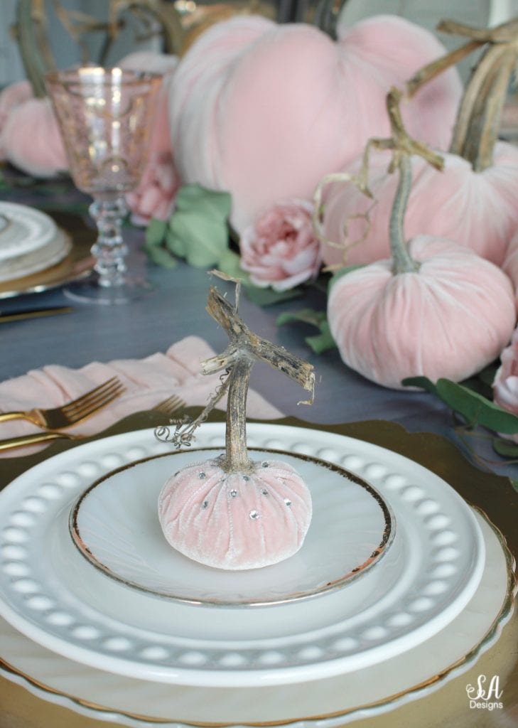 glam pumpkins, velvet pumpkins, blush pink pumpkins, elegant pumpkins, elegant fall decor, pink fall decor, fall decorations, hot skwash pumpkins, patina vie bellisimo goblets, vintage milk glass plates dinnerware, rustic glam tablescape, fall tablescape, white kitchen, pacific northwest interior designer, thanksgiving table, thanksgiving tablescape, girly tablescape, romantic feminine tablescape, rustic glam tablescape, mini velvet pumpkins rhinestones bling