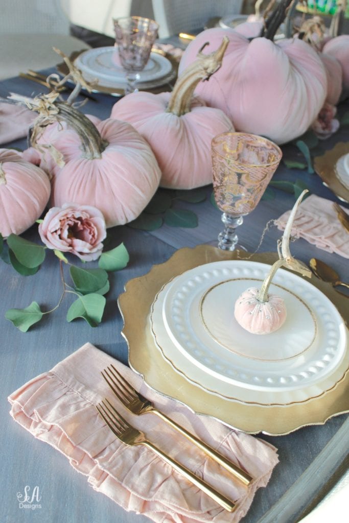 glam pumpkins, velvet pumpkins, blush pink pumpkins, elegant pumpkins, elegant fall decor, pink fall decor, fall decorations, hot skwash pumpkins, patina vie bellisimo goblets, vintage milk glass plates dinnerware, rustic glam tablescape, fall tablescape, white kitchen, pacific northwest interior designer, thanksgiving table, thanksgiving tablescape, girly tablescape, romantic feminine tablescape, rustic glam tablescape, mini velvet pumpkins rhinestones bling