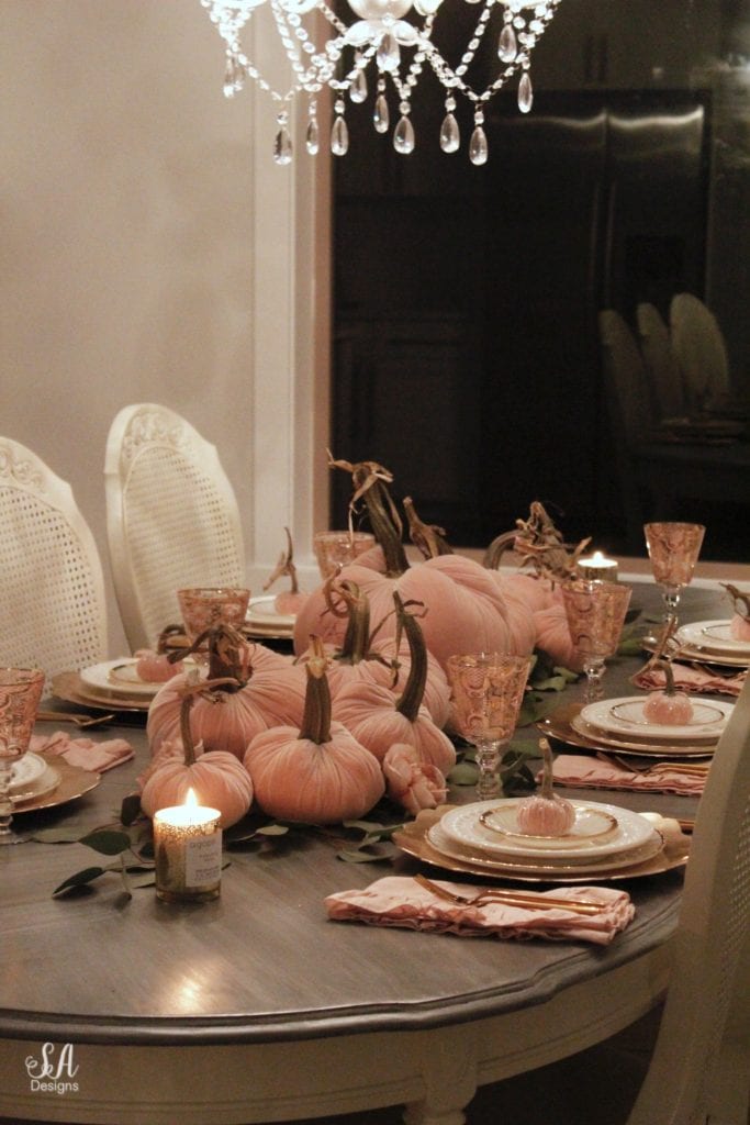 glam pumpkins, velvet pumpkins, blush pink pumpkins, elegant pumpkins, elegant fall decor, pink fall decor, fall decorations, hot skwash pumpkins, patina vie bellisimo goblets, vintage milk glass plates dinnerware, rustic glam tablescape, fall tablescape, white kitchen, pacific northwest interior designer, thanksgiving table, thanksgiving tablescape, girly tablescape, romantic feminine tablescape, rustic glam tablescape, mini velvet pumpkins rhinestones bling