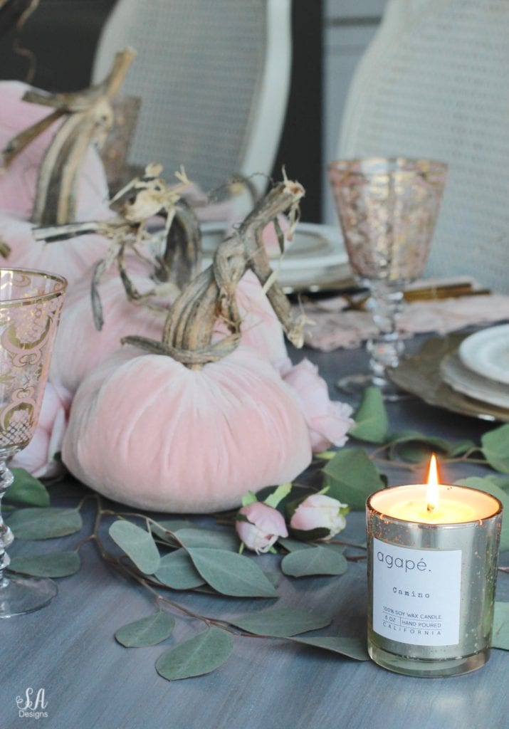 glam pumpkins, velvet pumpkins, blush pink pumpkins, elegant pumpkins, elegant fall decor, pink fall decor, fall decorations, hot skwash pumpkins, patina vie bellisimo goblets, vintage milk glass plates dinnerware, rustic glam tablescape, fall tablescape, white kitchen, pacific northwest interior designer, thanksgiving table, thanksgiving tablescape, girly tablescape, romantic feminine tablescape, rustic glam tablescape, mini velvet pumpkins rhinestones bling, agape candles pumpkin chai camino