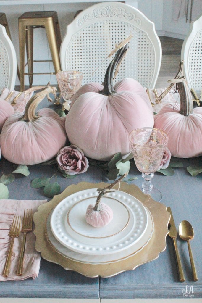 glam pumpkins, velvet pumpkins, blush pink pumpkins, elegant pumpkins, elegant fall decor, pink fall decor, fall decorations, hot skwash pumpkins, patina vie bellisimo goblets, vintage milk glass plates dinnerware, rustic glam tablescape, fall tablescape, white kitchen, pacific northwest interior designer, thanksgiving table, thanksgiving tablescape, girly tablescape, romantic feminine tablescape