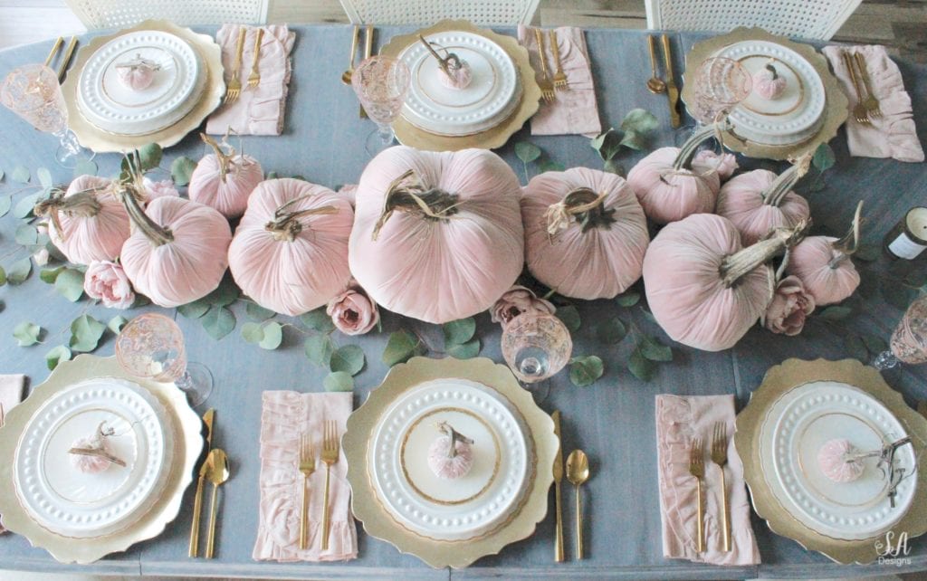 glam pumpkins, velvet pumpkins, blush pink pumpkins, elegant pumpkins, elegant fall decor, pink fall decor, fall decorations, hot skwash pumpkins, patina vie bellisimo goblets, vintage milk glass plates dinnerware, rustic glam tablescape, fall tablescape, white kitchen, pacific northwest interior designer, thanksgiving table, thanksgiving tablescape, girly tablescape, romantic feminine tablescape, rustic glam tablescape, mini velvet pumpkins rhinestones bling