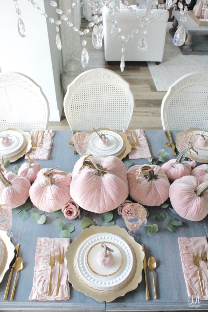 glam pumpkins, velvet pumpkins, blush pink pumpkins, elegant pumpkins, elegant fall decor, pink fall decor, fall decorations, hot skwash pumpkins, patina vie bellisimo goblets, vintage milk glass plates dinnerware, rustic glam tablescape, fall tablescape, white kitchen, pacific northwest interior designer, thanksgiving table, thanksgiving tablescape, girly tablescape, romantic feminine tablescape, rustic glam tablescape, mini velvet pumpkins rhinestones bling