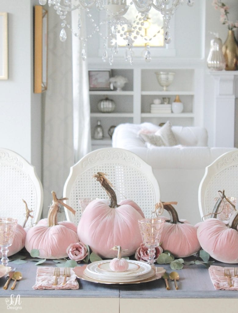 glam pumpkins, velvet pumpkins, blush pink pumpkins, elegant pumpkins, elegant fall decor, pink fall decor, fall decorations, hot skwash pumpkins, patina vie bellisimo goblets, vintage milk glass plates dinnerware, rustic glam tablescape, fall tablescape, white kitchen, pacific northwest interior designer, thanksgiving table, thanksgiving tablescape, girly tablescape, romantic feminine tablescape