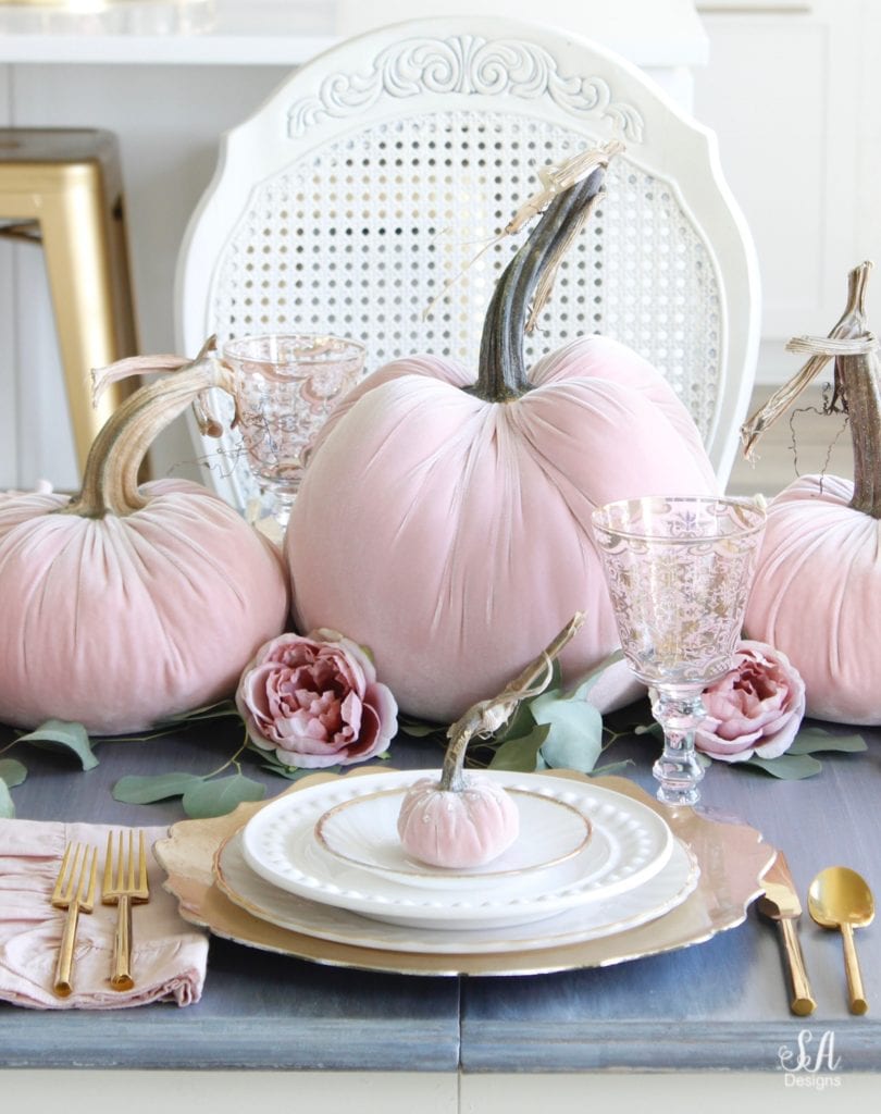 glam pumpkins, velvet pumpkins, blush pink pumpkins, elegant pumpkins, elegant fall decor, pink fall decor, fall decorations, hot skwash pumpkins, patina vie bellisimo goblets, vintage milk glass plates dinnerware, rustic glam tablescape, fall tablescape, white kitchen, pacific northwest interior designer, thanksgiving table, thanksgiving tablescape, girly tablescape, romantic feminine tablescape, rustic glam tablescape, mini velvet pumpkins rhinestones bling