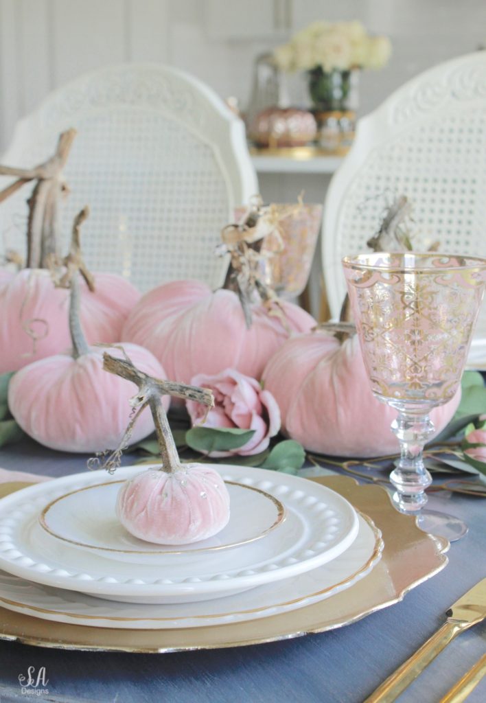 glam pumpkins, velvet pumpkins, blush pink pumpkins, elegant pumpkins, elegant fall decor, pink fall decor, fall decorations, hot skwash pumpkins, patina vie bellisimo goblets, vintage milk glass plates dinnerware, rustic glam tablescape, fall tablescape, white kitchen, pacific northwest interior designer, thanksgiving table, thanksgiving tablescape, girly tablescape, romantic feminine tablescape, rustic glam tablescape, mini velvet pumpkins rhinestones bling