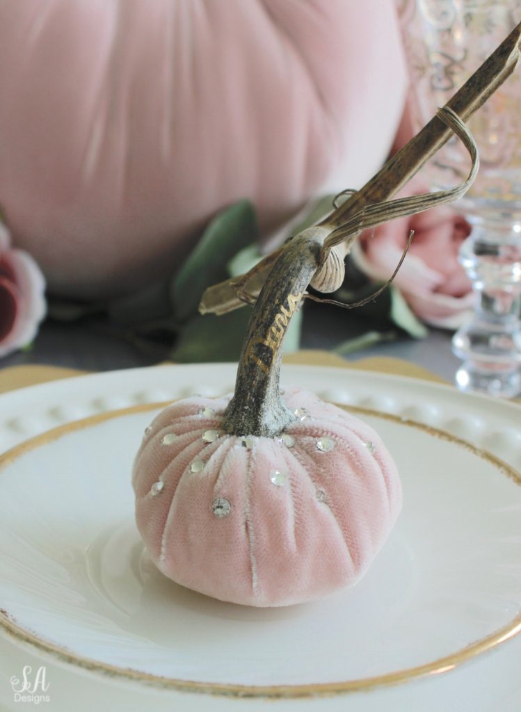 glam pumpkins, velvet pumpkins, blush pink pumpkins, elegant pumpkins, elegant fall decor, pink fall decor, fall decorations, hot skwash pumpkins, patina vie bellisimo goblets, vintage milk glass plates dinnerware, rustic glam tablescape, fall tablescape, white kitchen, pacific northwest interior designer, thanksgiving table, thanksgiving tablescape, girly tablescape, romantic feminine tablescape, rustic glam tablescape, mini velvet pumpkins rhinestones bling