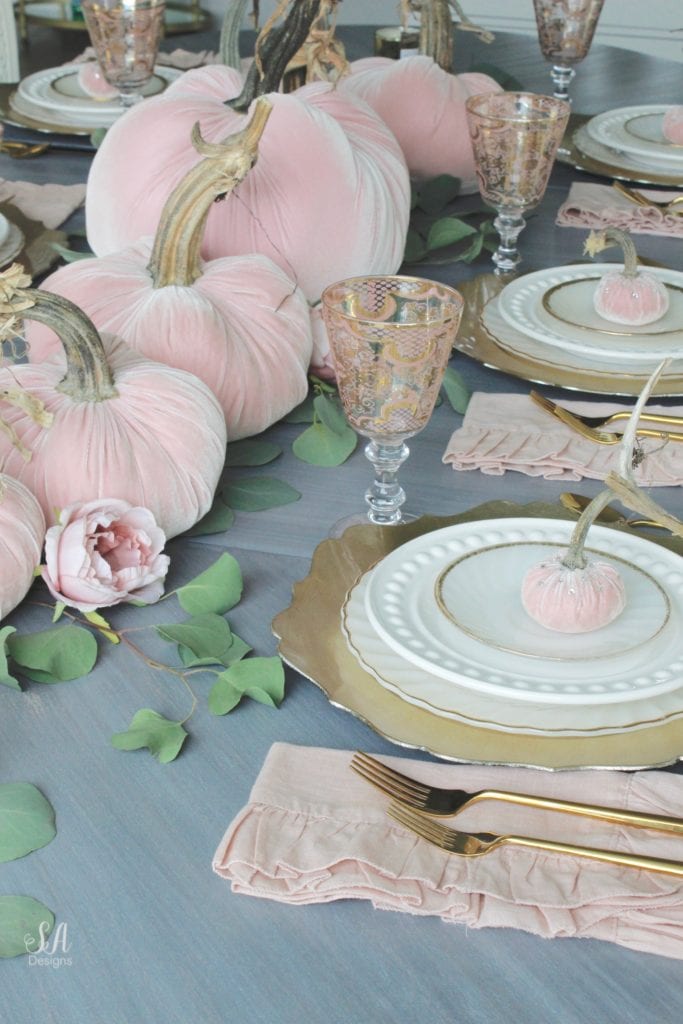 glam pumpkins, velvet pumpkins, blush pink pumpkins, elegant pumpkins, elegant fall decor, pink fall decor, fall decorations, hot skwash pumpkins, patina vie bellisimo goblets, vintage milk glass plates dinnerware, rustic glam tablescape, fall tablescape, white kitchen, pacific northwest interior designer, thanksgiving table, thanksgiving tablescape, girly tablescape, romantic feminine tablescape