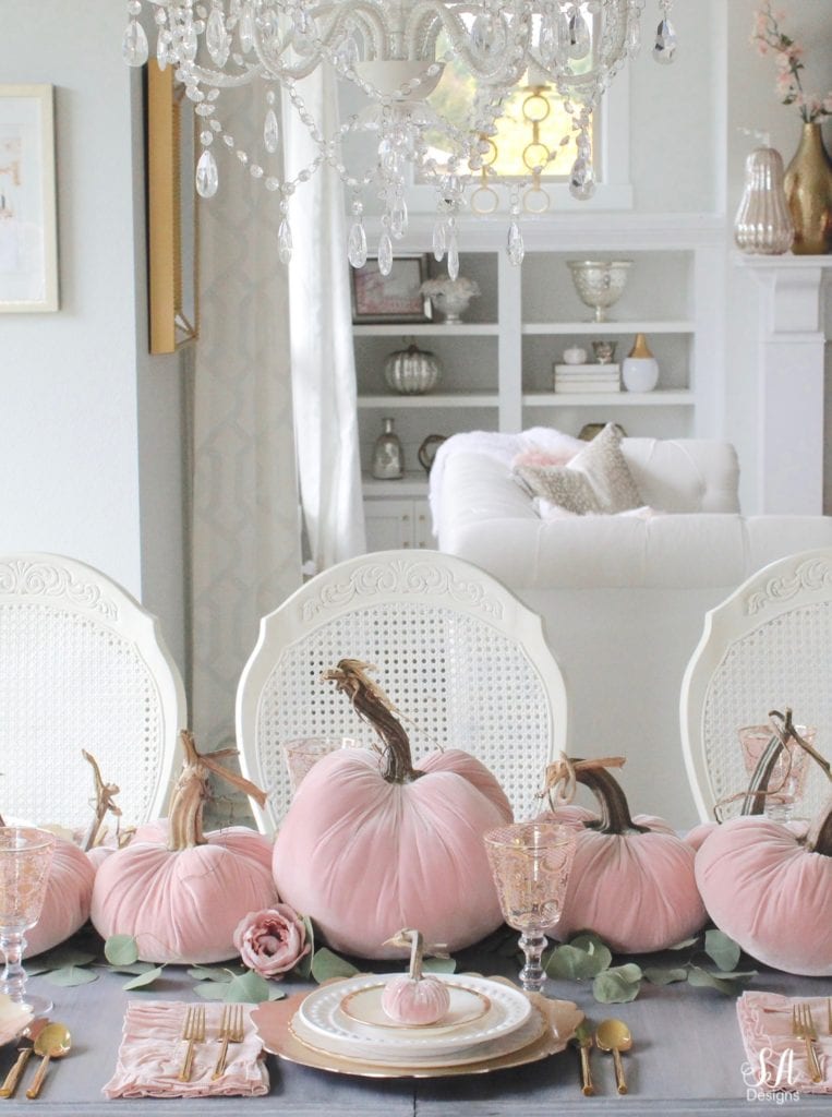 glam pumpkins, velvet pumpkins, blush pink pumpkins, elegant pumpkins, elegant fall decor, pink fall decor, fall decorations, hot skwash pumpkins, patina vie bellisimo goblets, vintage milk glass plates dinnerware, rustic glam tablescape, fall tablescape, white kitchen, pacific northwest interior designer, thanksgiving table, thanksgiving tablescape, girly tablescape, romantic feminine tablescape, rustic glam tablescape, mini velvet pumpkins rhinestones bling