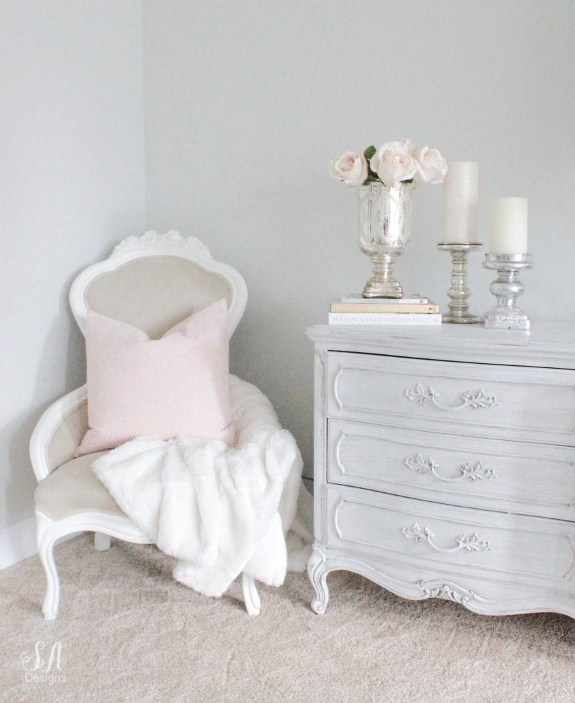 french country cottage book by courtney allison, french vintage book, blush tones, french inspired bedroom, styling with books, romantic homes, vintage chair, mercury glass candle sticks holders, french provincial dresser, styling with books