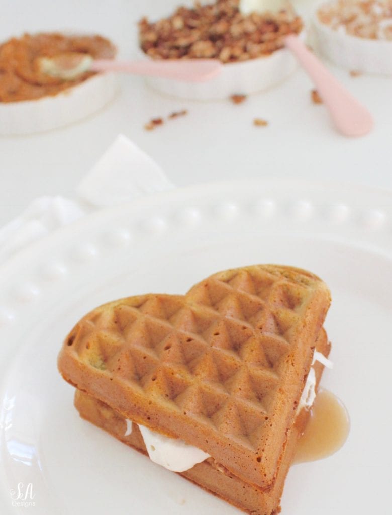 pink kitchen accessories, white kitchen, white shaker cabinets, pink williams-sonoma melamine mixing bowls, pink mixing bowls, white kitchen, pumpkin spice waffles recipe, heart-shaped waffles, heart-shaped waffle maker