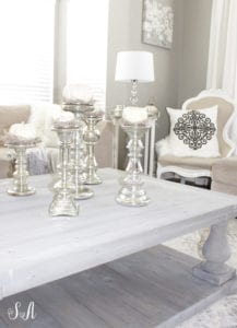white pumpkins on mercury glass candleholders, fall coffee table, neutral fall decor