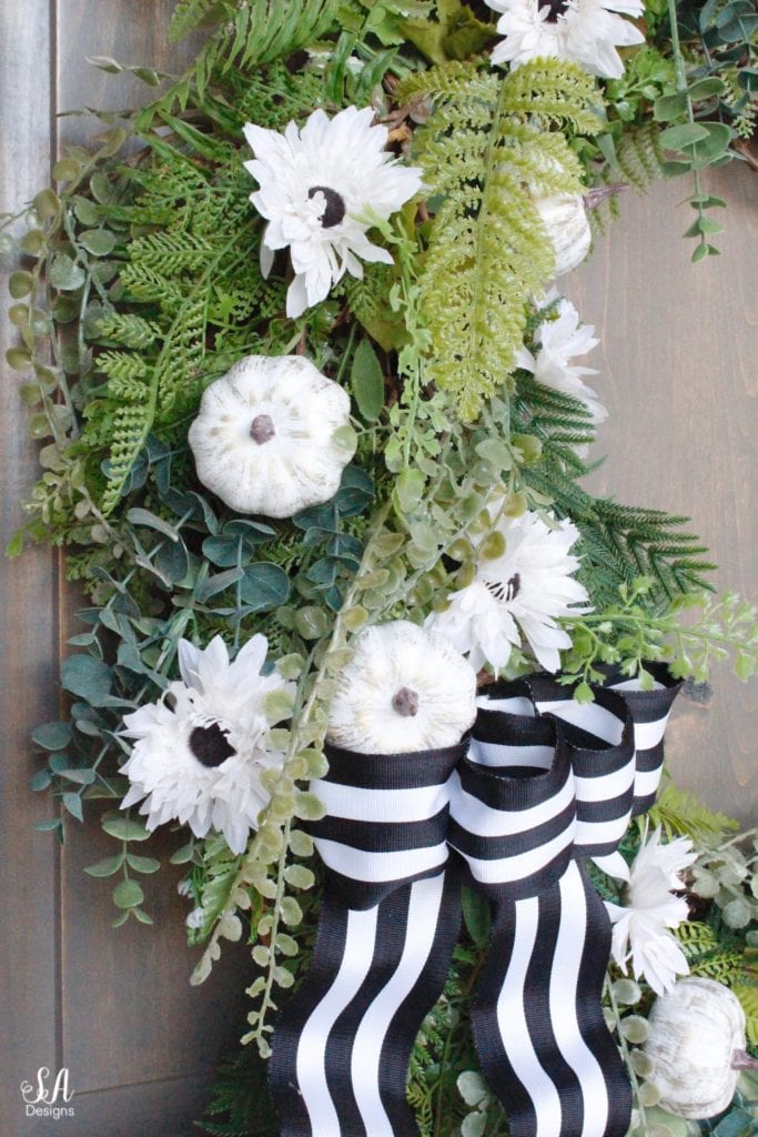 mini white pumpkins, diy pumpkin wreath, diy fall wreath, fall pumpkin wreath, fall wreath, white coastal nantucket planters, cape cod planters, white nantucket planters, front door ferns shade plants, white pumpkins, fall front porch, craftsman style home