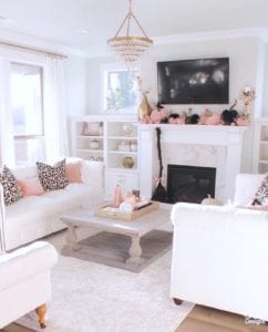 glam halloween mantel, chic halloween mantle mantel, pink and black leopard halloween hotskwash velvet pumpkins, black witches brook