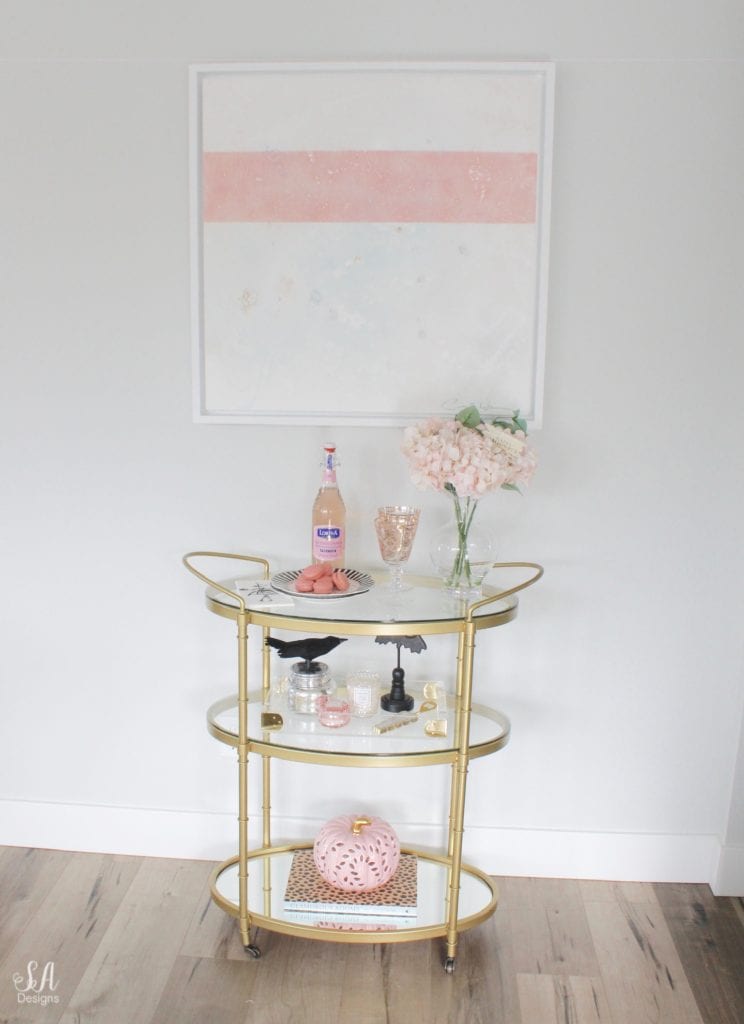 halloween brass bar cart pink and black, glam bar cart