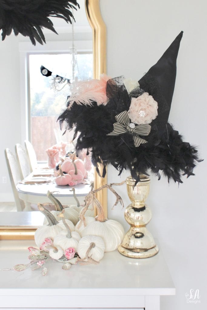 witch hat on mercury glass candlestick, velvet pumpkins