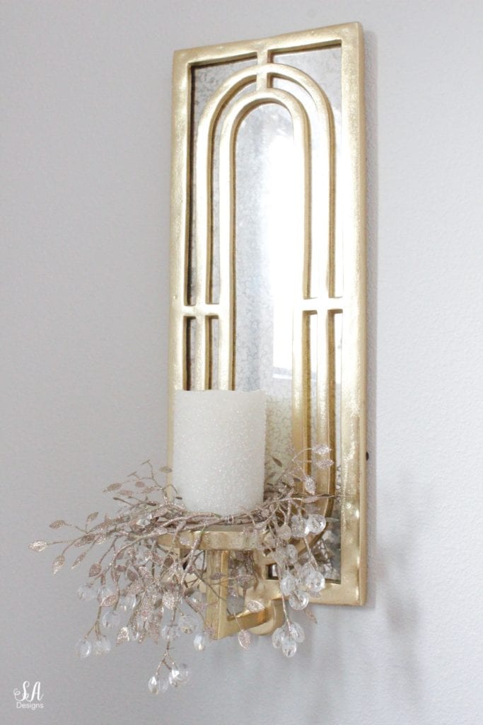 gold brass mirrored wall sconce with candles, diy glitter jeweled christmas candle wreath rings