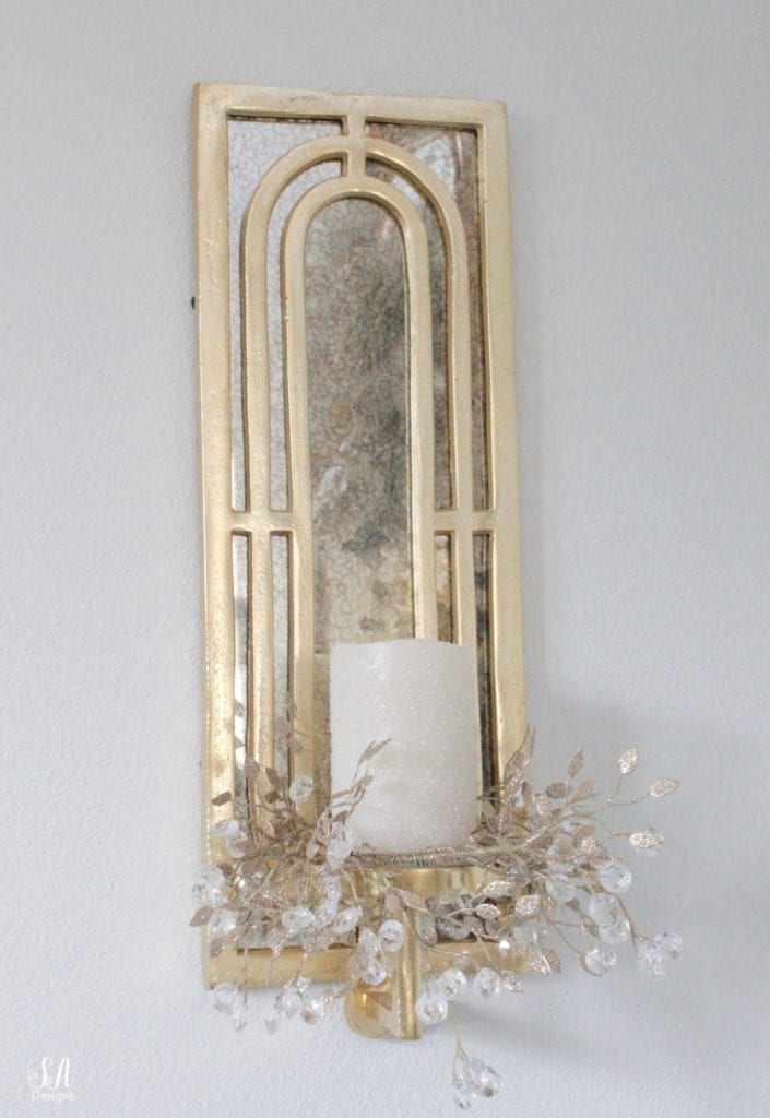 gold brass mirrored wall sconce with candles, diy glitter jeweled christmas candle wreath rings