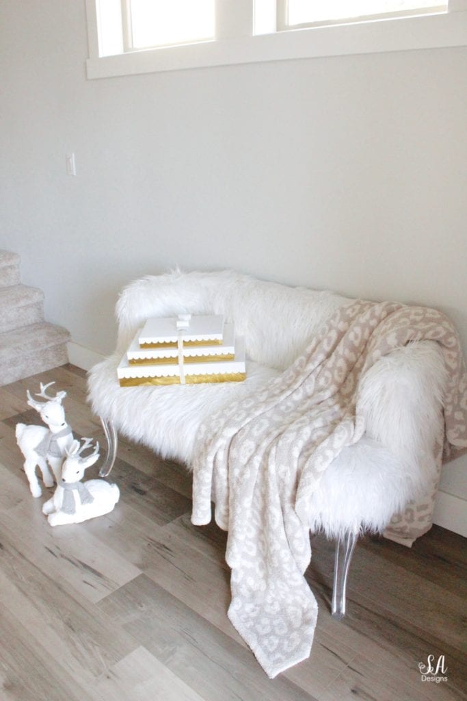 faux fur settee bench lucite acrylic legs, white deer figurines christmas decor pier one, sugar paper gift boxes for target, barefoot dreams beige ivory leopard throw blanket