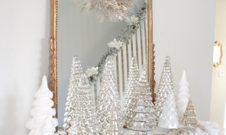 pottery barn mercury glass trees, anthropologie gleaming primrose glass mirror, elegant mixed metal decor