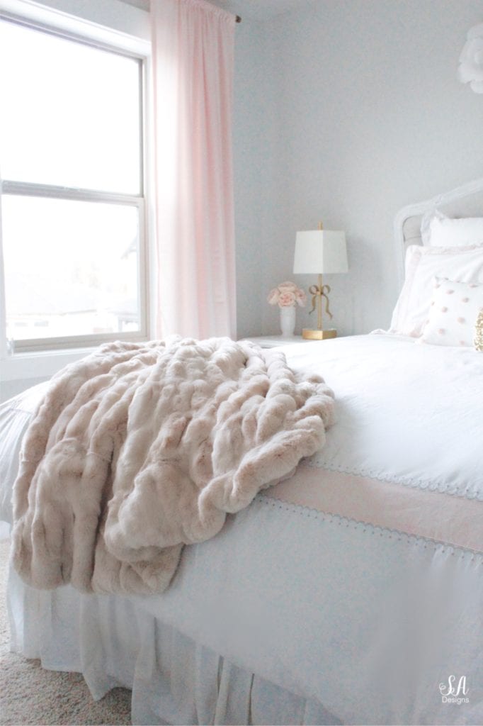 pottery barn blush faux fur rouched throw blanket, girls bedroom ideas, blush gold gray bedroom, tween girls bedroom, pottery barn kids bedding