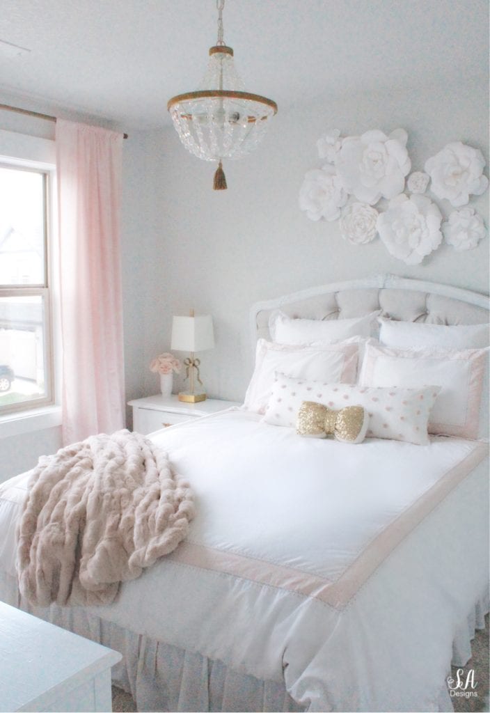 pottery barn blush faux fur rouched throw blanket, girls bedroom ideas, blush gold gray bedroom, tween girls bedroom, pottery barn kids bedding
