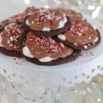 christmas cookie recipe, chocolate cookie marshmallows peppermint candy cane, cookie exchange party, chandelier cake stand, mercury glass christmas tree pottery barn, twinkle lights, faux fur table runner