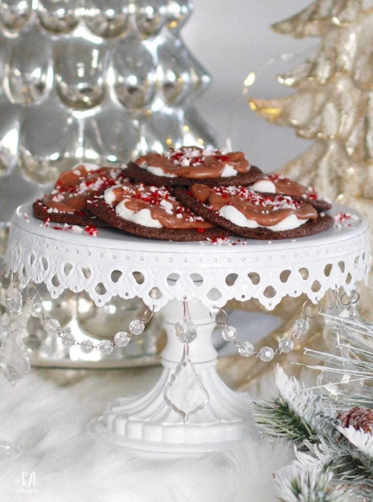 christmas cookie recipe, chocolate cookie marshmallows peppermint candy cane, cookie exchange party, chandelier cake stand, mercury glass christmas tree pottery barn, twinkle lights, faux fur table runner