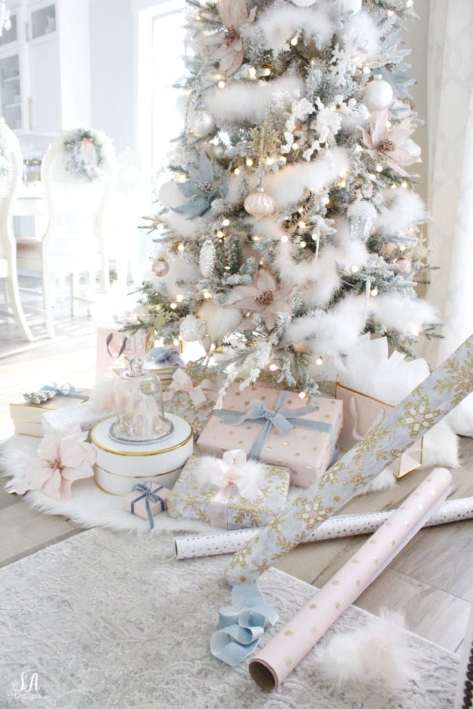 nutcracker christmas decor, swan lake theme decor, nutcracker christmas mantel, nutcracker christmas tree, faux fallen snow, maribou feather bow on christmas tree, fake snow secrets, designer christmas trees, summer adams designs lifestyle interior blogger, sugar paper la wrapping paper, blush christmas wrapping paper, light dusty blue glitter wrapping paper, gift boxes, gift wrapping ideas, christmas gift wrap