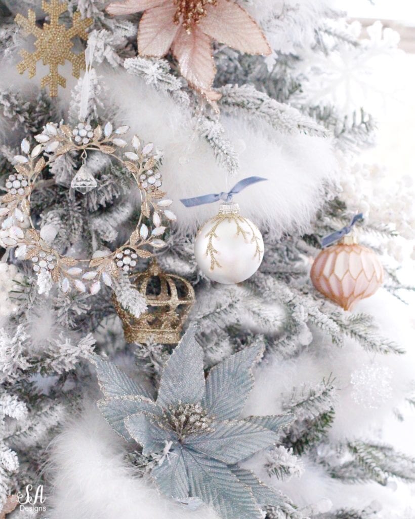 diy glitter ornament velvet ribbon dusty blue and blush pink