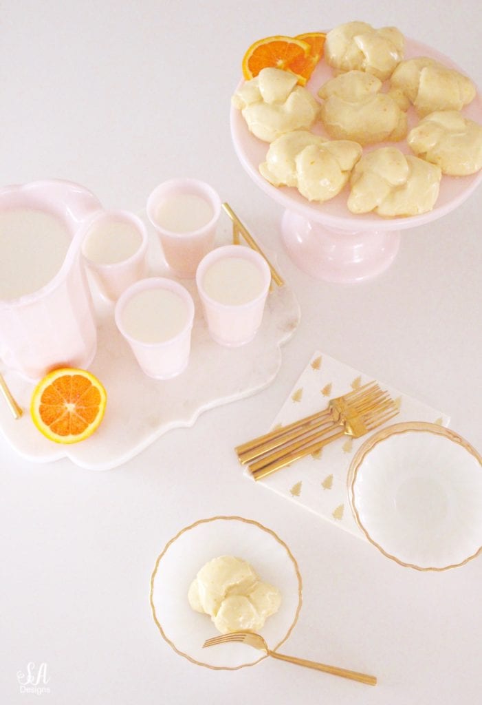 pink milk glass cake stand, pink milk glass pitcher, pink milk glass cups, pink milk glass sur la table, vintage pink milk glass, one hour roll recipe, orange rolls, christmas recipe, thanksgiving roll recipe, orange dessert, quick rise bread, quick rise rolls